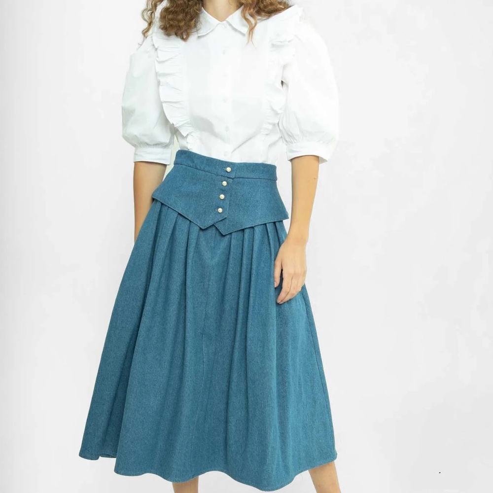 Batsheva Asymmetrical Denim Skirt with Pearl Accents